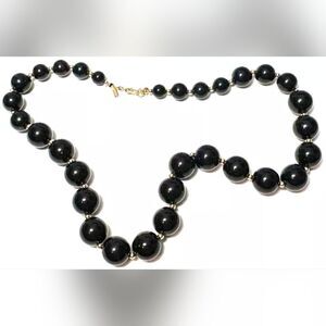 Vintage Necklace Signed Monet Graduated Black Round Bead Gold Tone 18"